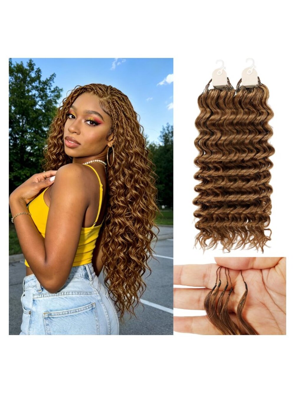 Human Hair Crochet Extensions 20in 60g Pre-Separated 50 Strands Deep Wave Boho